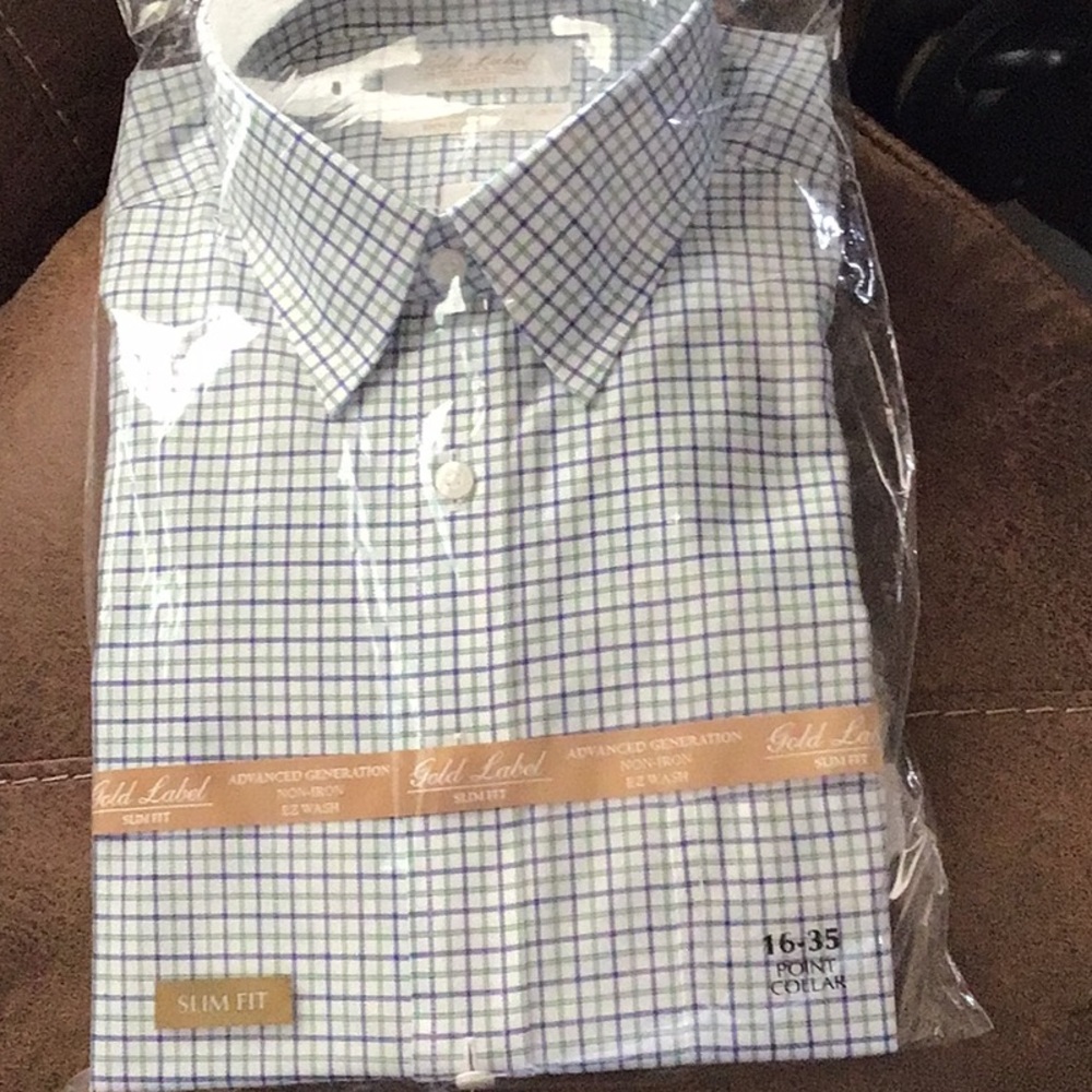 NWT Men's Slim Fit White Long Sleeve  Shirt - with Green and Blue Stripe Pattern